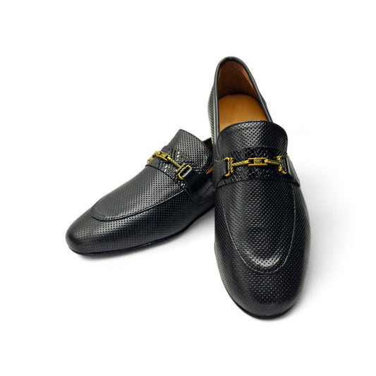Classic Pebbled Leather Loafers Golden Buckle