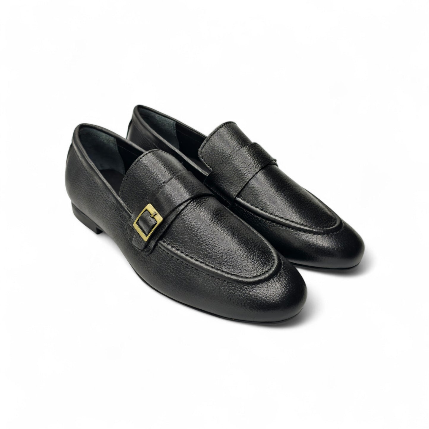 Classic Pebbled Leather Loafers Side Buckle