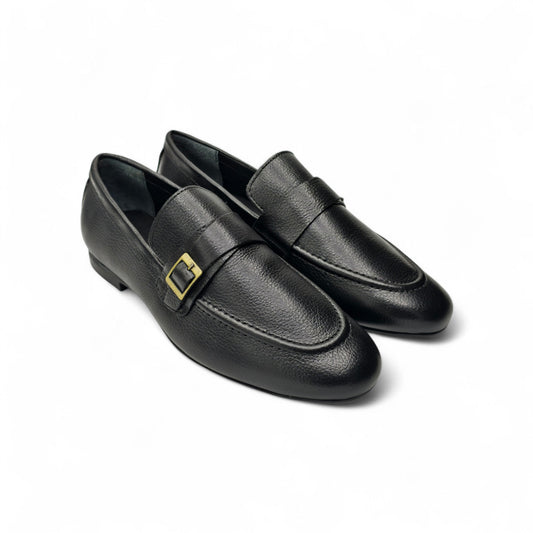 Classic Pebbled Leather Loafers Side Buckle